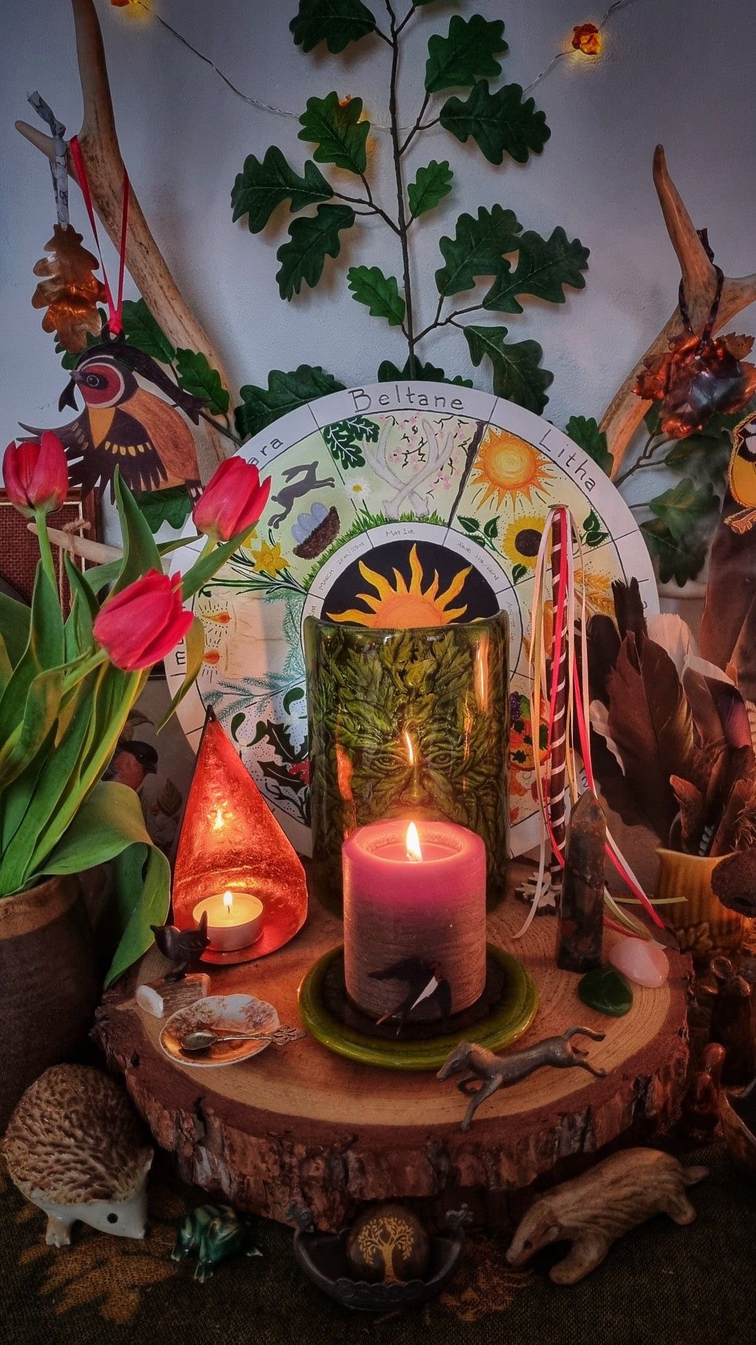 Beltane altar with seasonal elements